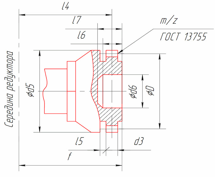 Размеры тихоходного конца вала в виде зубчатой полумуфты редукторов КЦ2-500, КЦ2-750, КЦ2-1000, КЦ2-1300